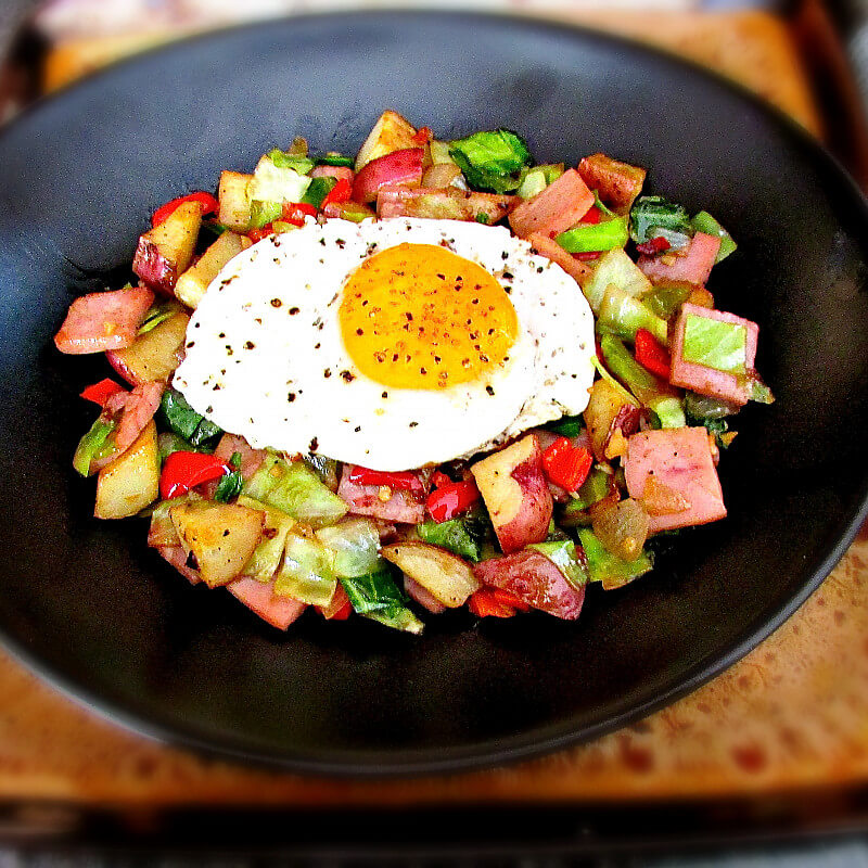 Spiral Ham and Cabbage Hash with Sunshine Egg